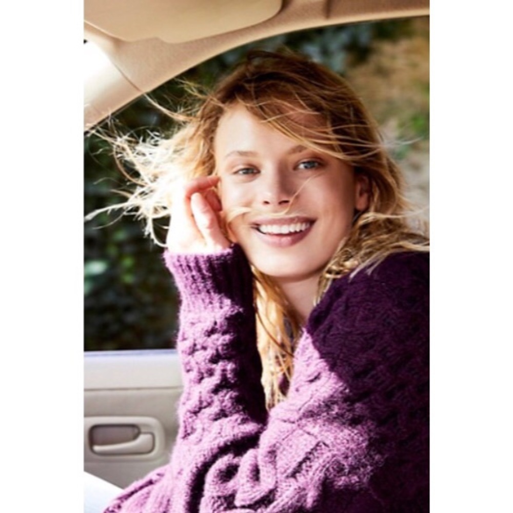 Free People Wine Destroyed Cable Knit Sweater